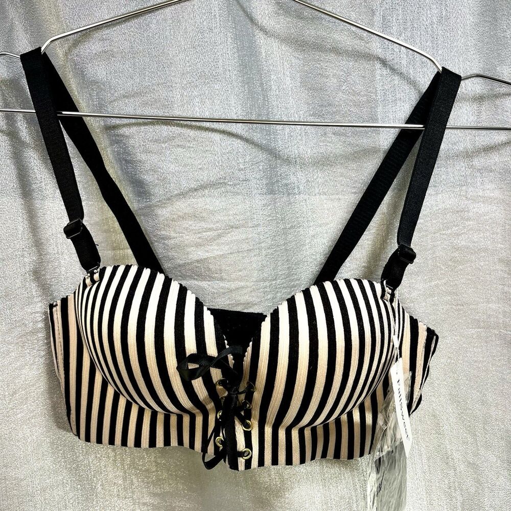 RETRO Bras Brassiere Women 32B Push Up Pads Unlined Pink/Blk Striped Convertable